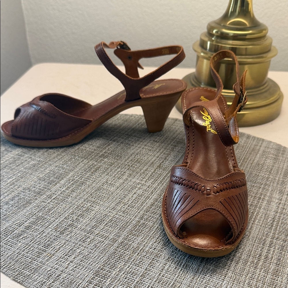 Vintage 1970s Made In Brazil Brown Leather Open-Toe Slingback Heels
